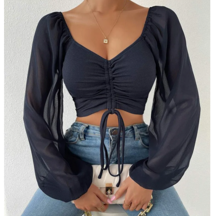 Bell Sleeve Summer Blouse for Women: dark green long-sleeve crop top, feminine style