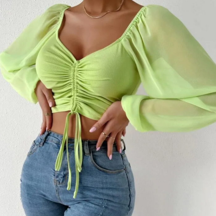 Bell Sleeve Summer Blouse for Women: dark green long-sleeve crop top, feminine style