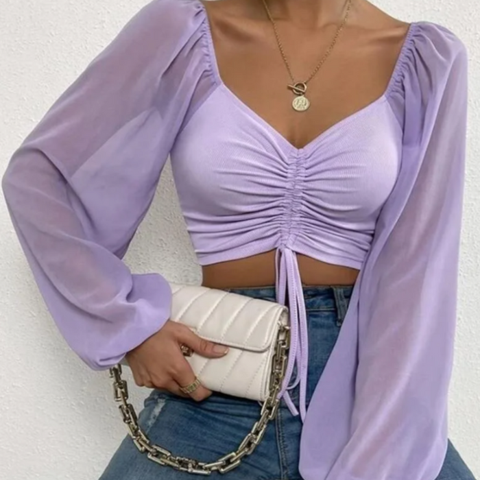 Bell Sleeve Summer Blouse for Women: dark green long-sleeve crop top, feminine style
