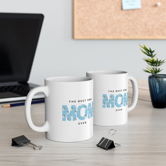 Best Ceramic Mug for the Ultimate Dog Mom, 11oz: white, light blue dog, minimal, playful style