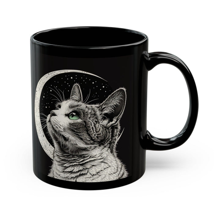 Black Ceramic Mug with Crescent Moon and Cat Design for Coffee and Tea: black, white cat, illustrative, celestial style