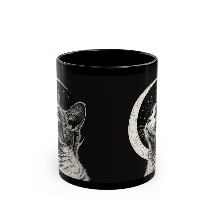 Black Ceramic Mug with Crescent Moon and Cat Design for Coffee and Tea: black, white cat, illustrative, celestial style