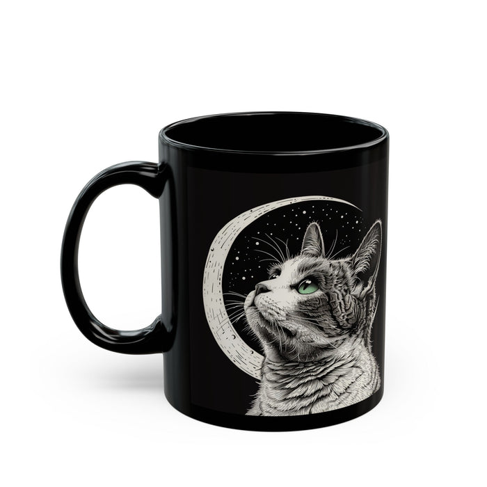 Black Ceramic Mug with Crescent Moon and Cat Design for Coffee and Tea: black, white cat, illustrative, celestial style