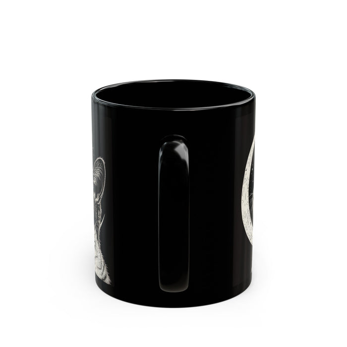 Black Ceramic Mug with Crescent Moon and Cat Design for Coffee and Tea: black, white cat, illustrative, celestial style