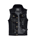 Black Denim Vest for Men's Urban Fashion: black, dark gray sleeveless denim vest, distressed casual style