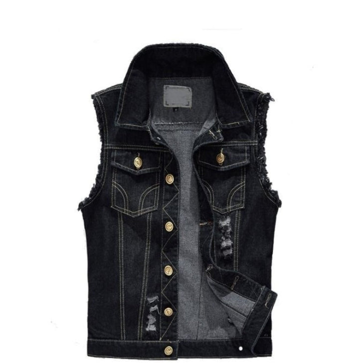 Black Denim Vest for Men's Urban Fashion: black, dark gray sleeveless denim vest, distressed casual style