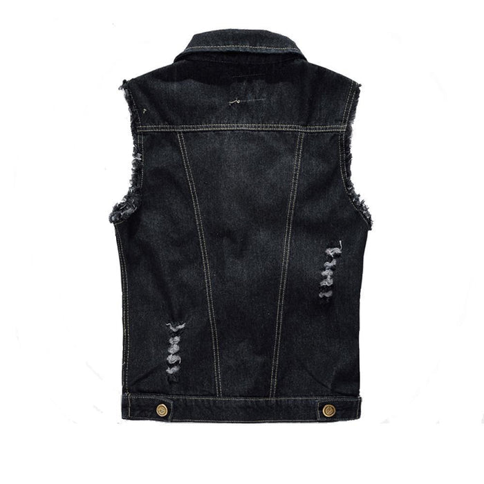 Black Denim Vest for Men's Urban Fashion: black, dark gray sleeveless denim vest, distressed casual style
