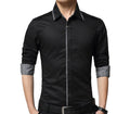 Black Men's Shirt with Shoulder Layering Details: black, gray long-sleeve button-up shirt, modern fitted casual style