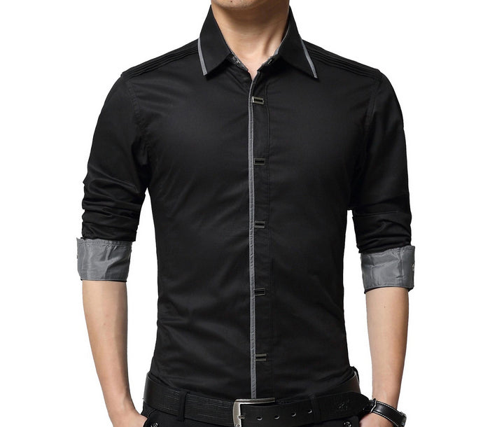 Black Men's Shirt with Shoulder Layering Details: black, gray long-sleeve button-up shirt, modern fitted casual style