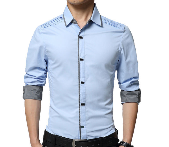 Black Men's Shirt with Shoulder Layering Details: black, gray long-sleeve button-up shirt, modern fitted casual style