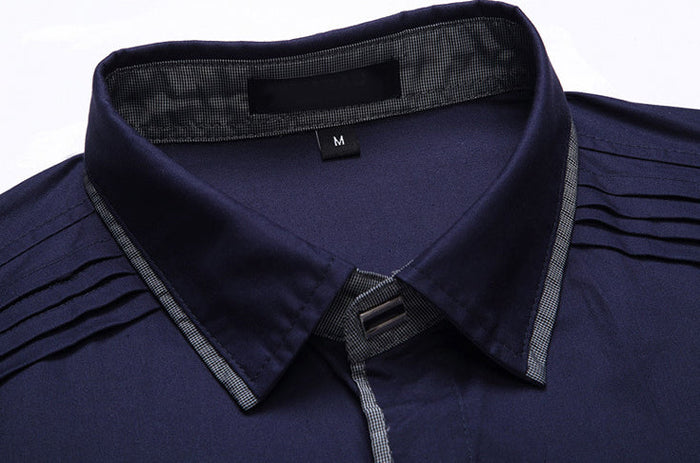 Black Men's Shirt with Shoulder Layering Details: black, gray long-sleeve button-up shirt, modern fitted casual style