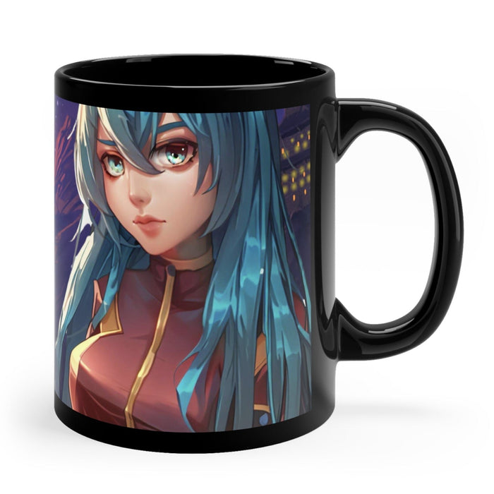 Black Space Girl Anime Coffee Tea Mug: black, teal blue anime-style female character, anime/cartoon style