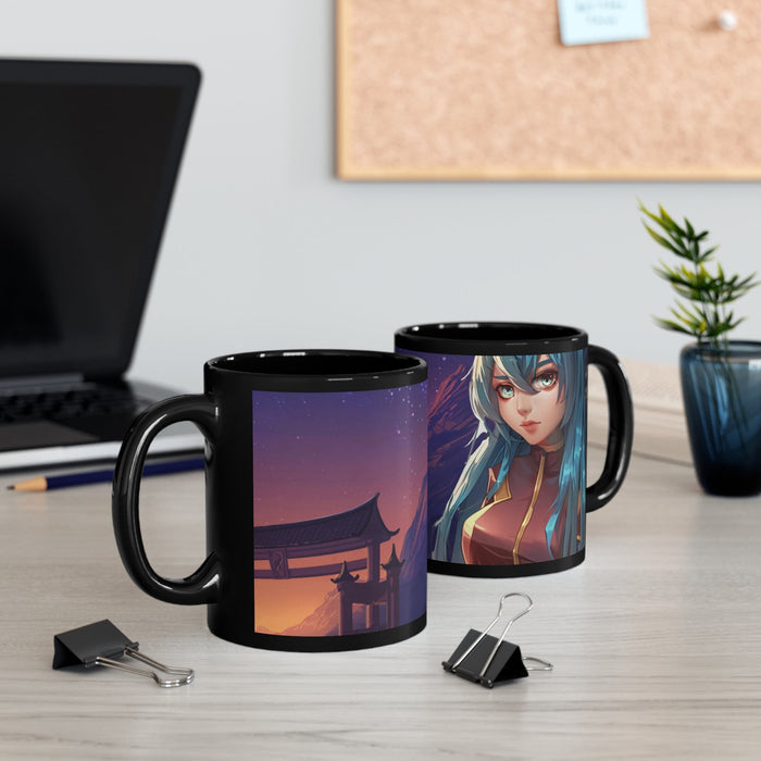 Black Space Girl Anime Coffee Tea Mug: black, teal blue anime-style female character, anime/cartoon style
