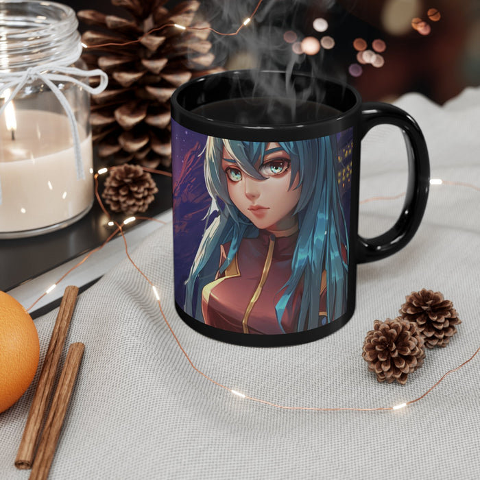 Black Space Girl Anime Coffee Tea Mug: black, teal blue anime-style female character, anime/cartoon style