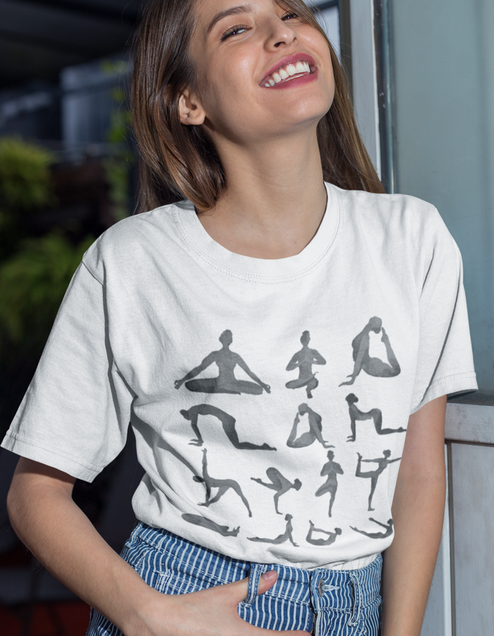 Black T-Shirt with Yoga Retreat Design: white, gray yoga poses, minimal graphic style