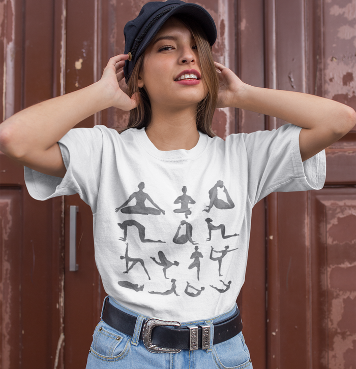 Black T-Shirt with Yoga Retreat Design: white, gray yoga poses, minimal graphic style
