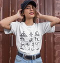 Black T-Shirt with Yoga Retreat Design: white, gray yoga poses, minimal graphic style