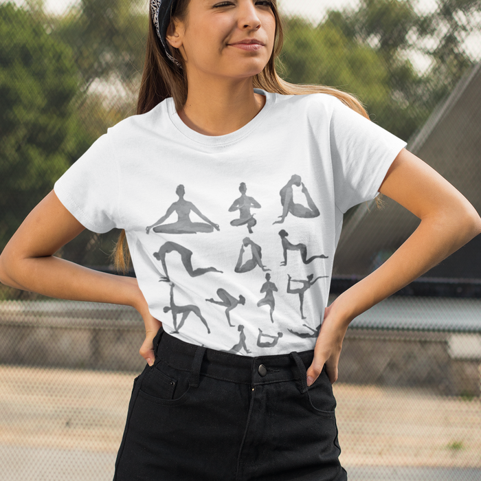 Black T-Shirt with Yoga Retreat Design: white, gray yoga poses, minimal graphic style