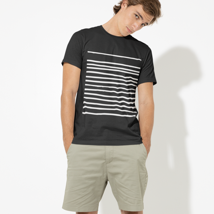 Black Tee for Men with Stripes: black, white short-sleeve T-shirt, minimal style