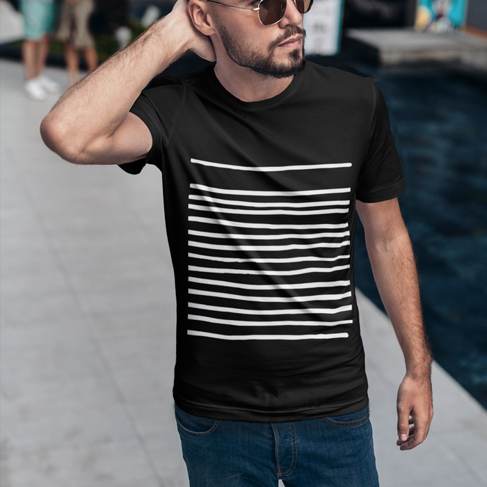 Black Tee for Men with Stripes: black, white short-sleeve T-shirt, minimal style