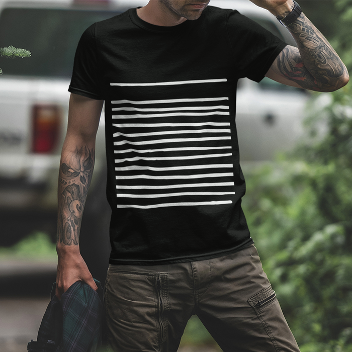 Black Tee for Men with Stripes: black, white short-sleeve T-shirt, minimal style
