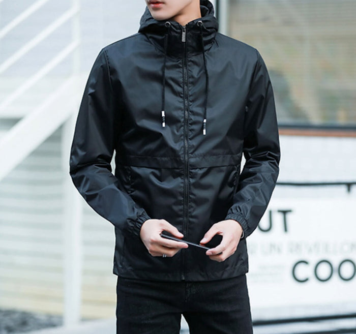Black Windproof Jacket for Men: black hooded zip-up jacket, minimal casual style
