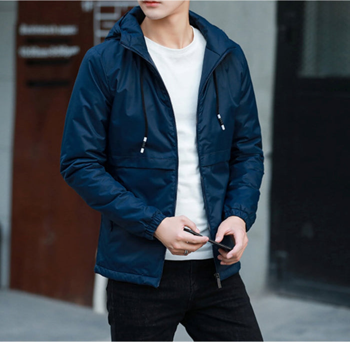 Black Windproof Jacket for Men: black hooded zip-up jacket, minimal casual style