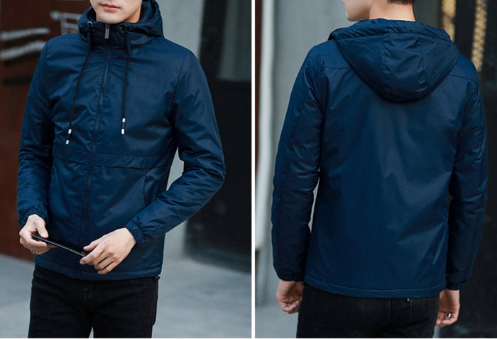 Black Windproof Jacket for Men: black hooded zip-up jacket, minimal casual style