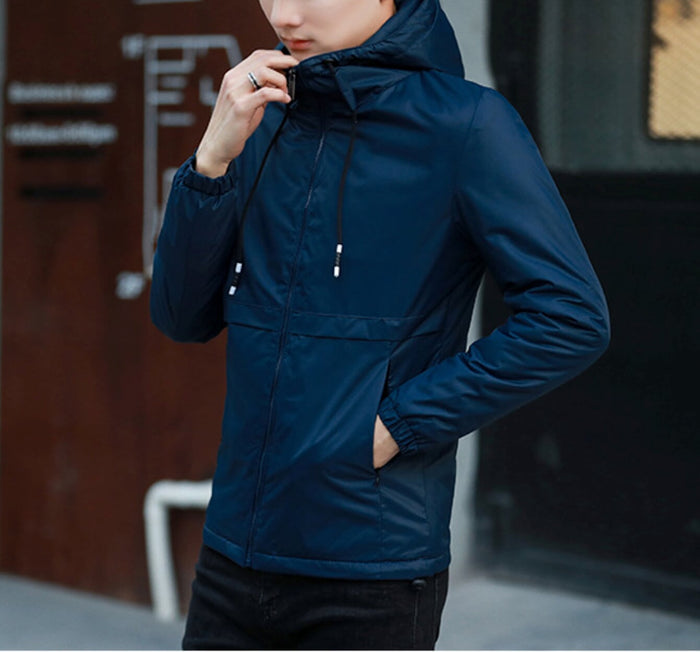 Black Windproof Jacket for Men: black hooded zip-up jacket, minimal casual style