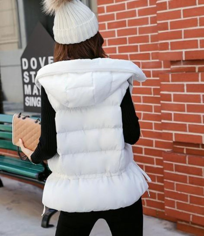 Black Women's Hooded Puffer Vest with Zipper Closure: black hooded puffer vest, casual minimal style