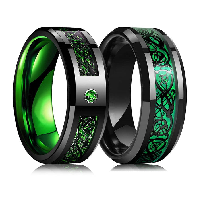 Black Zirconium Ring for Men: black, bright green Celtic knotwork pattern, ornate gothic/Celtic style
