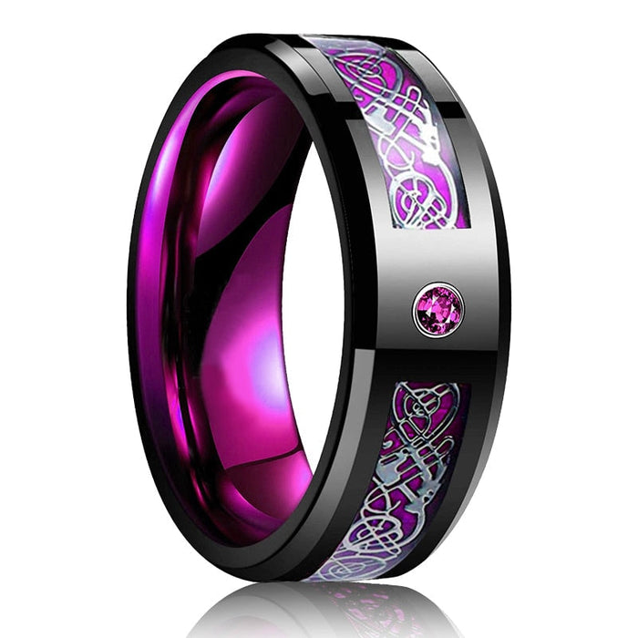 Black Zirconium Ring for Men: black, bright green Celtic knotwork pattern, ornate gothic/Celtic style