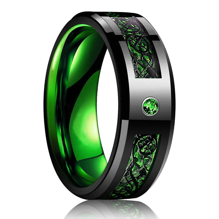Black Zirconium Ring for Men: black, bright green Celtic knotwork pattern, ornate gothic/Celtic style