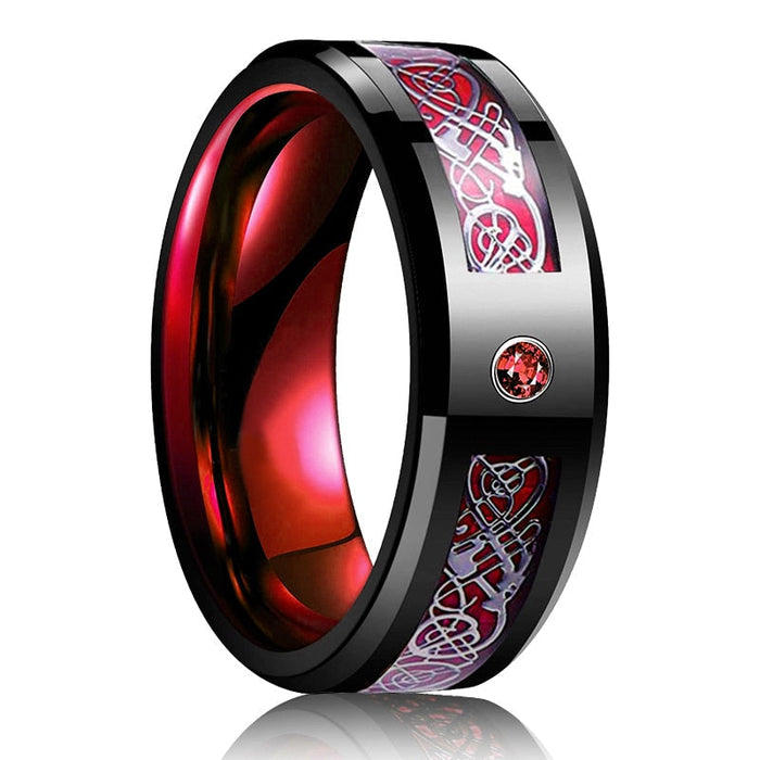 Black Zirconium Ring for Men: black, bright green Celtic knotwork pattern, ornate gothic/Celtic style