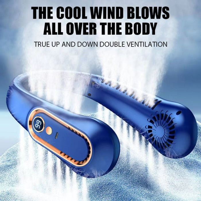 Bladeless Portable Cooling Device: dark blue, light blue wearable neck fan, modern tech product style