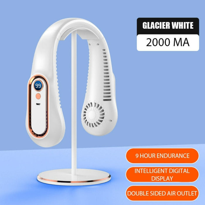 Bladeless Portable Cooling Device: dark blue, light blue wearable neck fan, modern tech product style