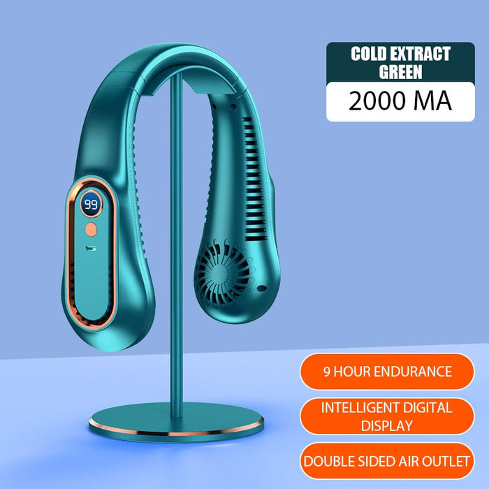 Bladeless Portable Cooling Device: dark blue, light blue wearable neck fan, modern tech product style