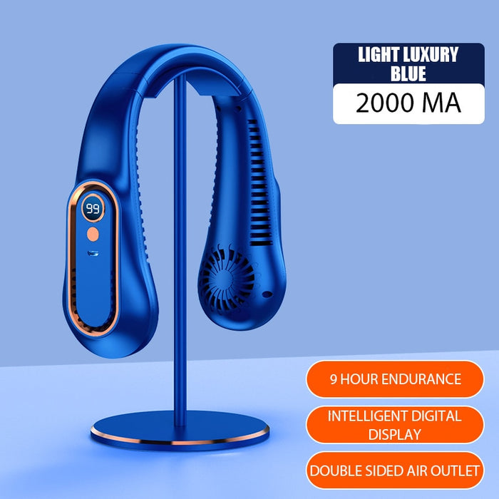 Bladeless Portable Cooling Device: dark blue, light blue wearable neck fan, modern tech product style
