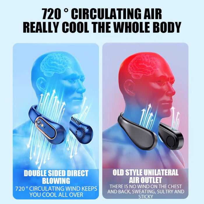 Bladeless Portable Cooling Device: dark blue, light blue wearable neck fan, modern tech product style