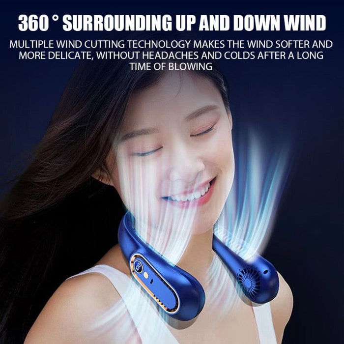 Bladeless Portable Cooling Device: dark blue, light blue wearable neck fan, modern tech product style