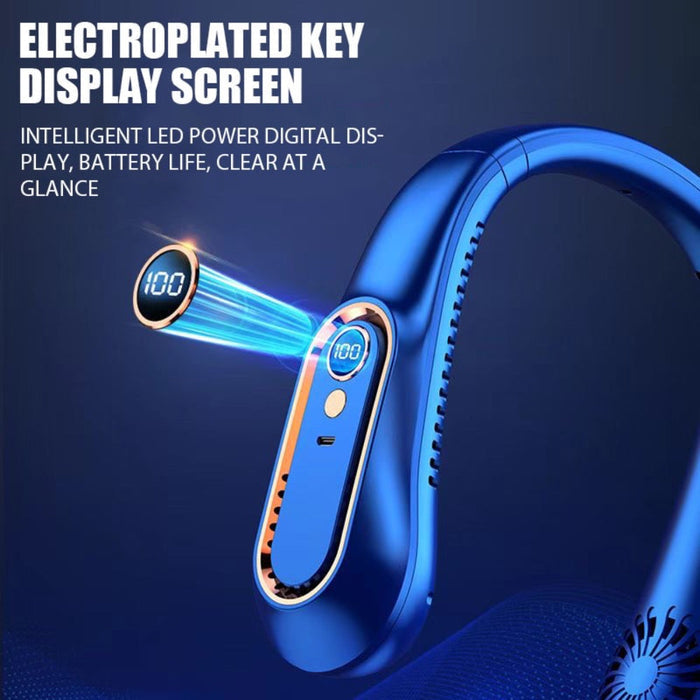 Bladeless Portable Cooling Device: dark blue, light blue wearable neck fan, modern tech product style