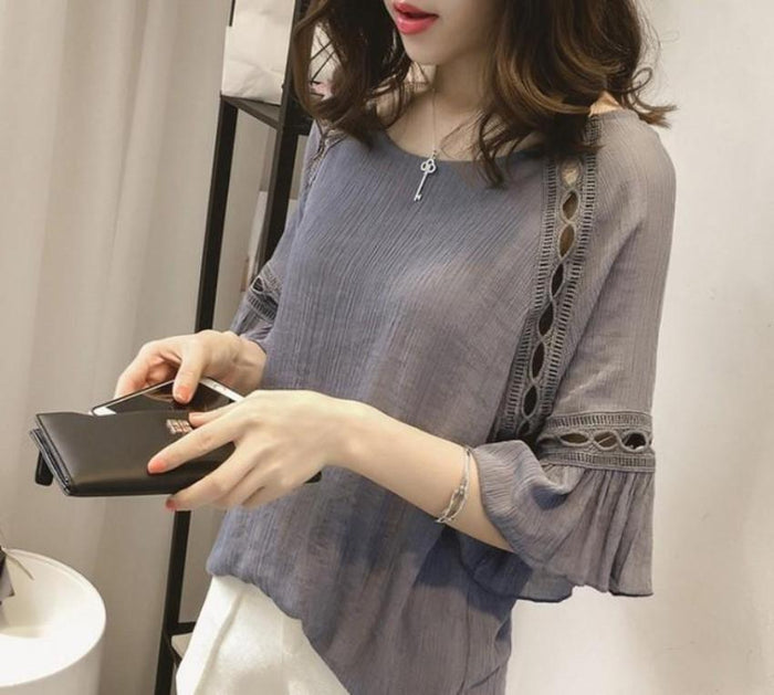 Blouse with Cut-Outs on the Quarter Sleeves: gray, charcoal gray women's blouse/top, feminine casual style