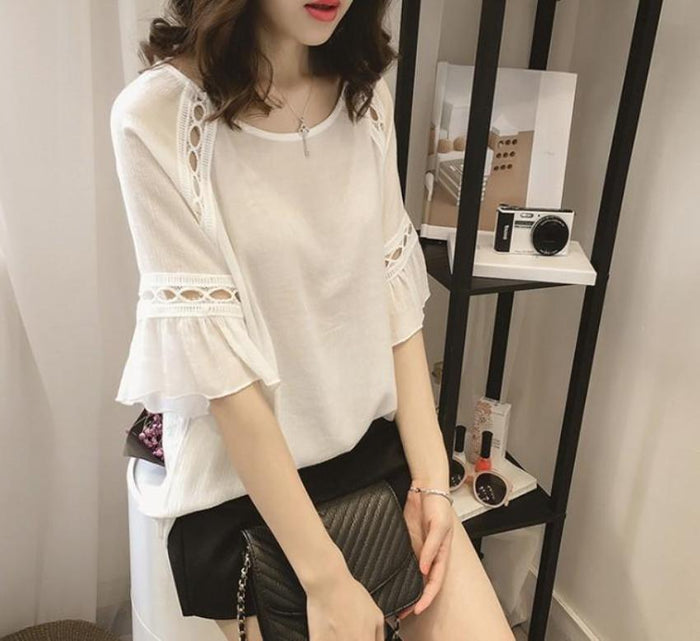 Blouse with Cut-Outs on the Quarter Sleeves: gray, charcoal gray women's blouse/top, feminine casual style