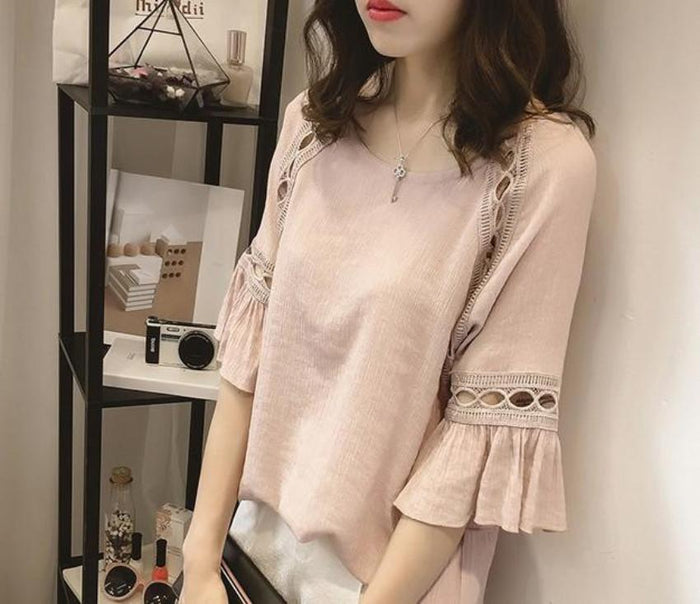 Blouse with Cut-Outs on the Quarter Sleeves: gray, charcoal gray women's blouse/top, feminine casual style