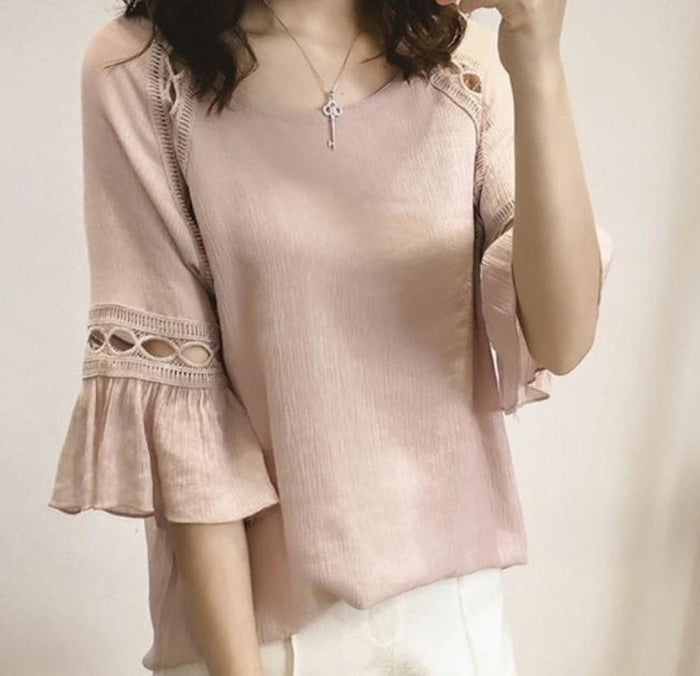 Blouse with Cut-Outs on the Quarter Sleeves: gray, charcoal gray women's blouse/top, feminine casual style