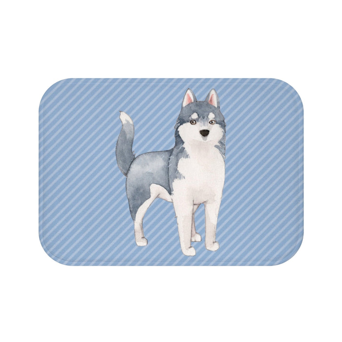 Blue Bath Mat with Siberian Husky Design: light blue, gray husky dog, cartoon watercolor illustration style