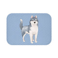 Blue Bath Mat with Siberian Husky Design: light blue, gray husky dog, cartoon watercolor illustration style