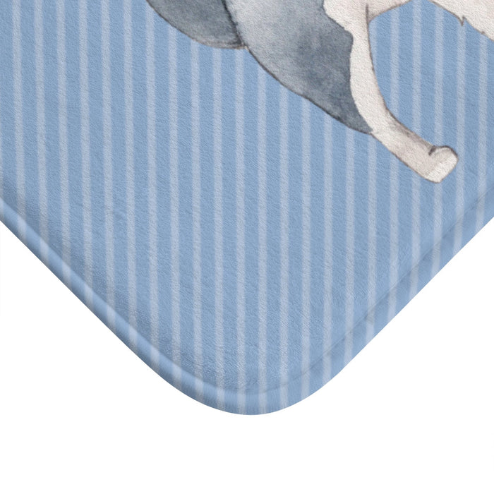 Blue Bath Mat with Siberian Husky Design: light blue, gray husky dog, cartoon watercolor illustration style