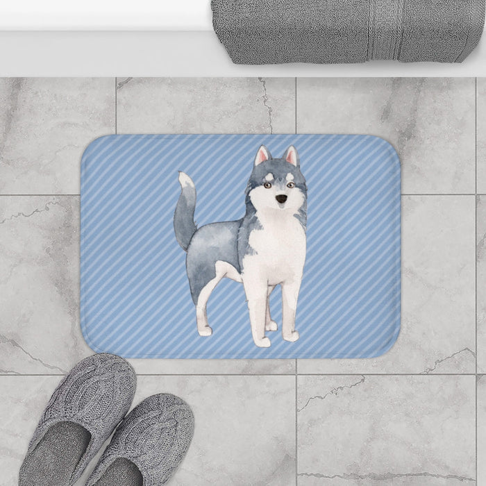 Blue Bath Mat with Siberian Husky Design: light blue, gray husky dog, cartoon watercolor illustration style