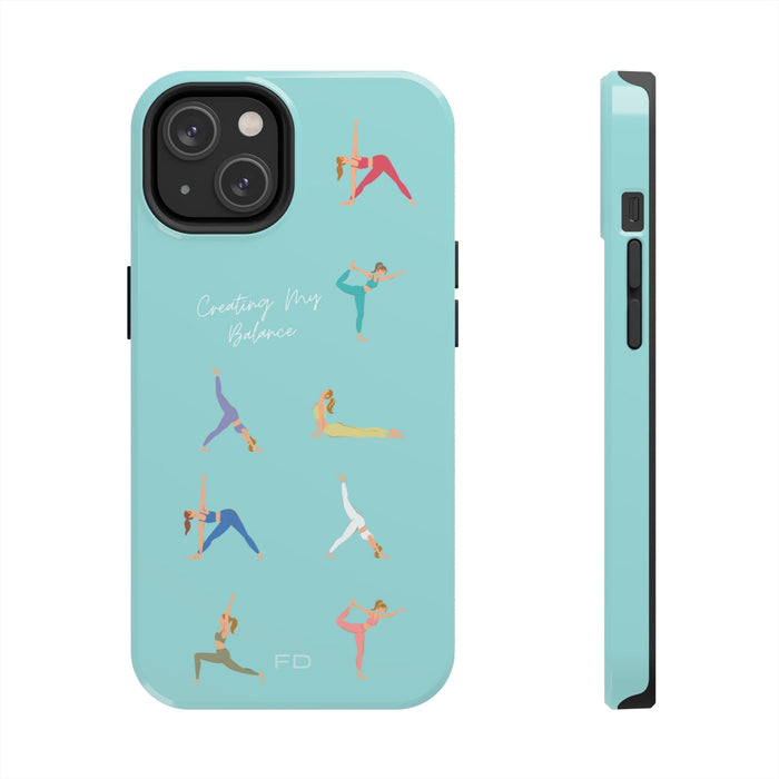 Blue iPhone Tough Case with Wireless Charging for Yoga Enthusiasts: turquoise, black yoga theme, minimal cartoon illustration